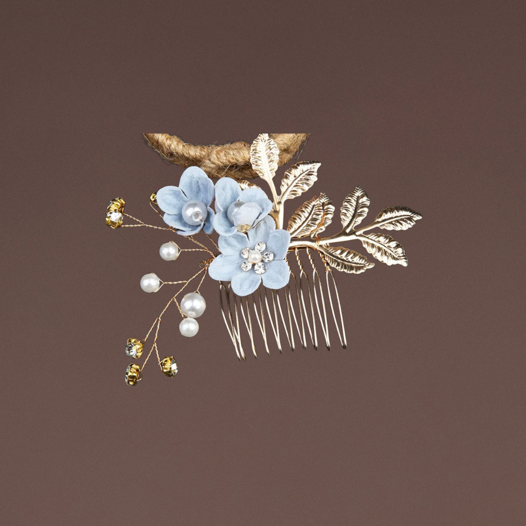 Haarschmuck Gold Blau Blumen 3