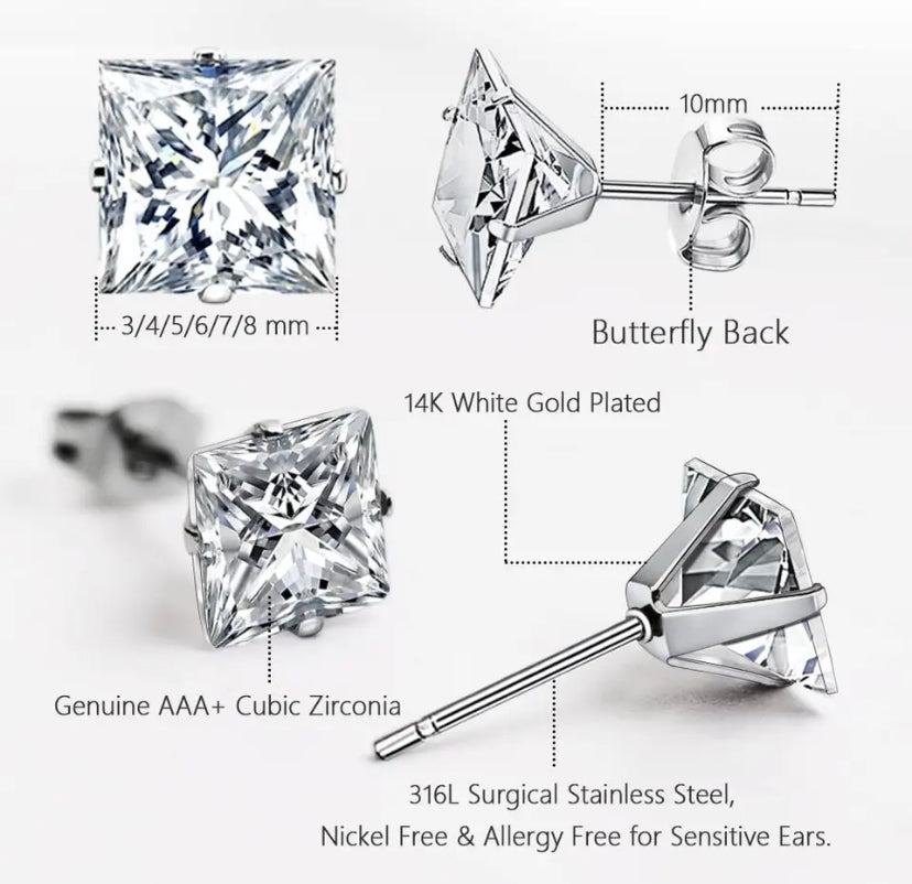 King n' Queen Ohrringe Diamant Eckig / Nickel Frei& Allergien Frei/ Edelstahl 1Paar
